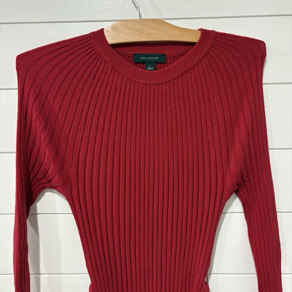 Ann Taylor | Dress Long Sleeve Ribbed Red Midi Length- Size Small - Picture 2 of 9